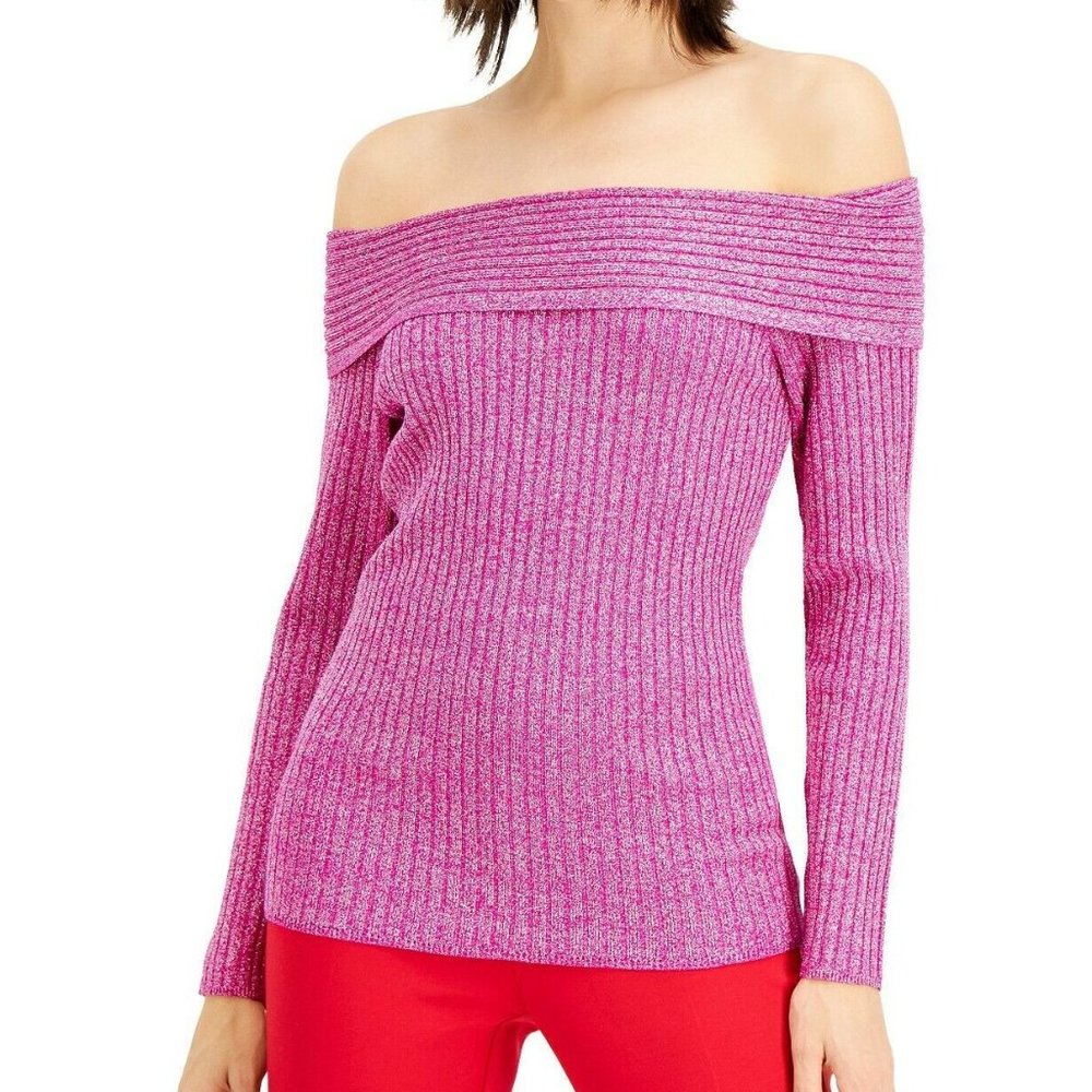 NEW INC XL Fuchsia Shimmer Off Shoulder Sweater